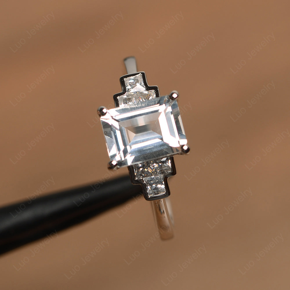 Emerald Cut White Topaz Promise Ring White Gold - LUO Jewelry