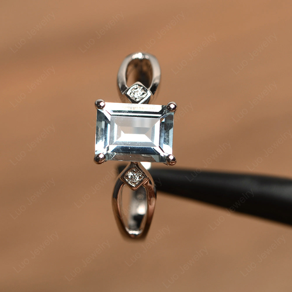 Emerald Cut Aquamarine Ring Split Shank - LUO Jewelry