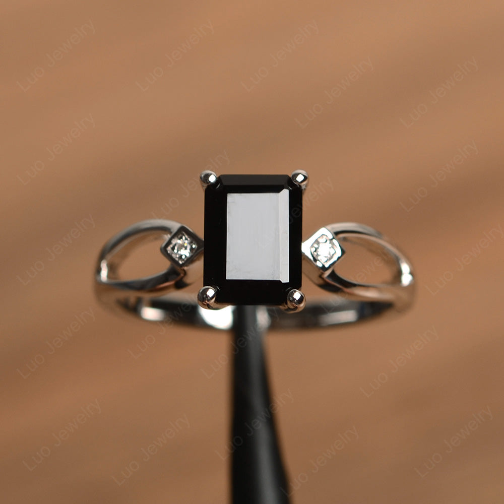 Emerald Cut Black Spinel Ring Split Shank - LUO Jewelry