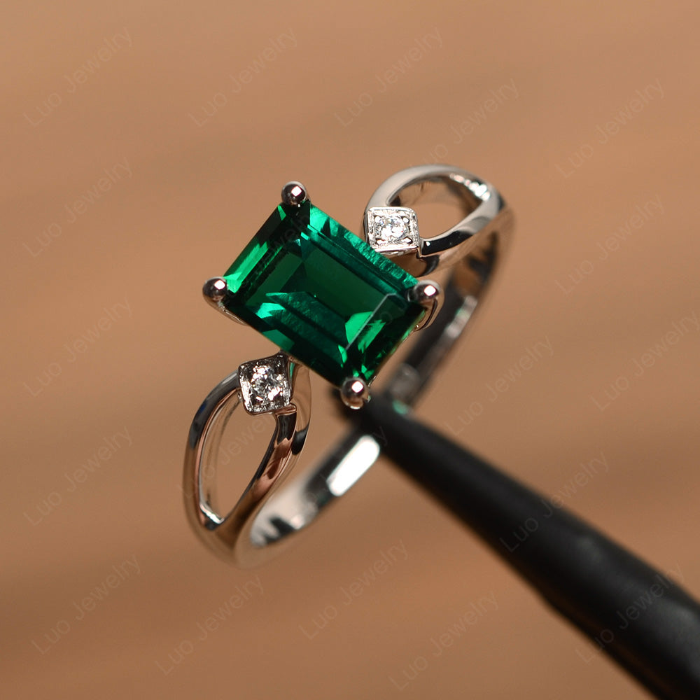 Emerald Cut Lab Emerald Ring Split Shank - LUO Jewelry