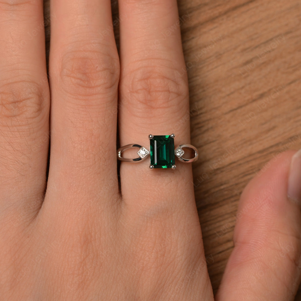 Emerald Cut Lab Emerald Ring Split Shank - LUO Jewelry