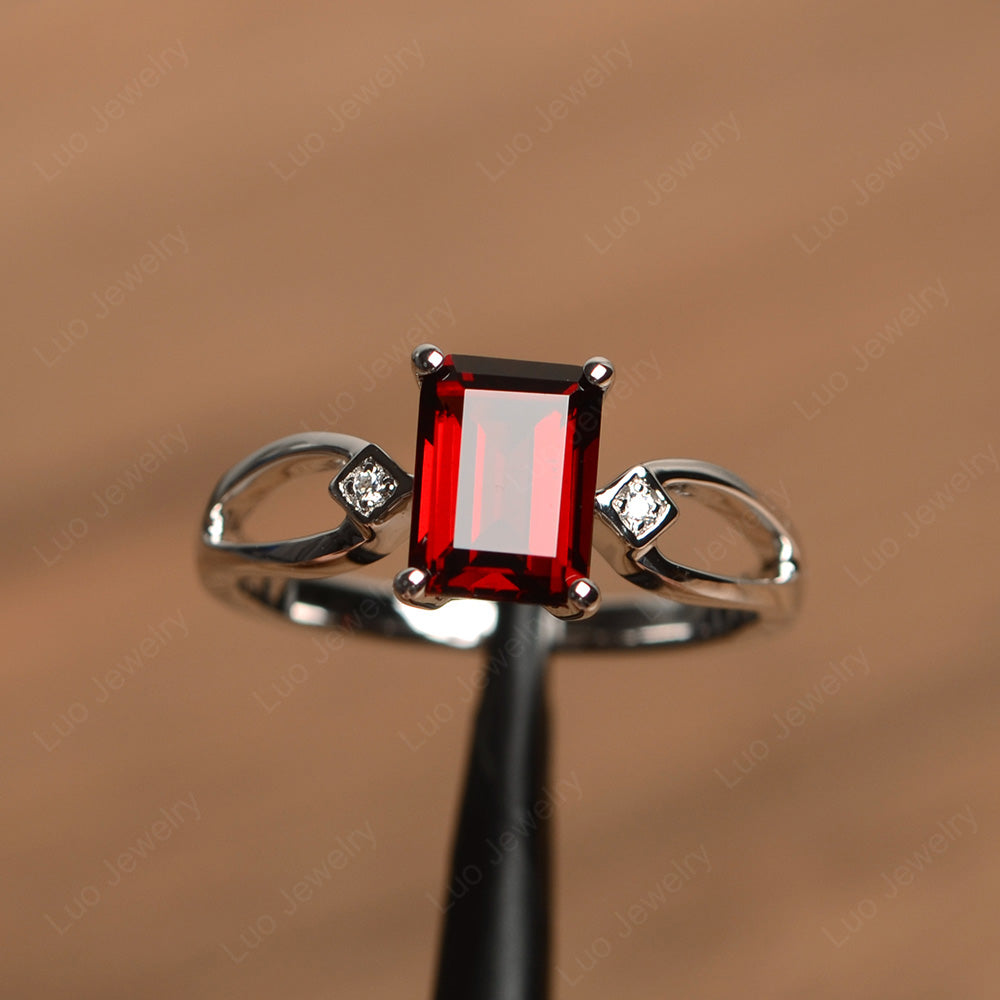 Emerald Cut Garnet Ring Split Shank - LUO Jewelry