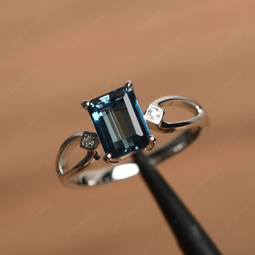 Emerald Cut London Blue Topaz Ring Split Shank - LUO Jewelry