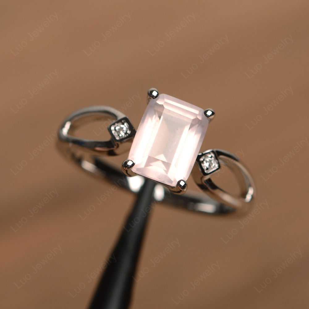 Emerald Cut Rose Quartz Ring Split Shank - LUO Jewelry