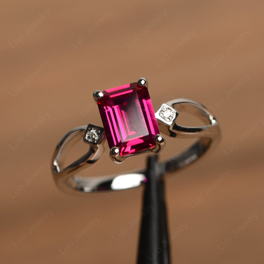 Emerald Cut Ruby Ring Split Shank - LUO Jewelry