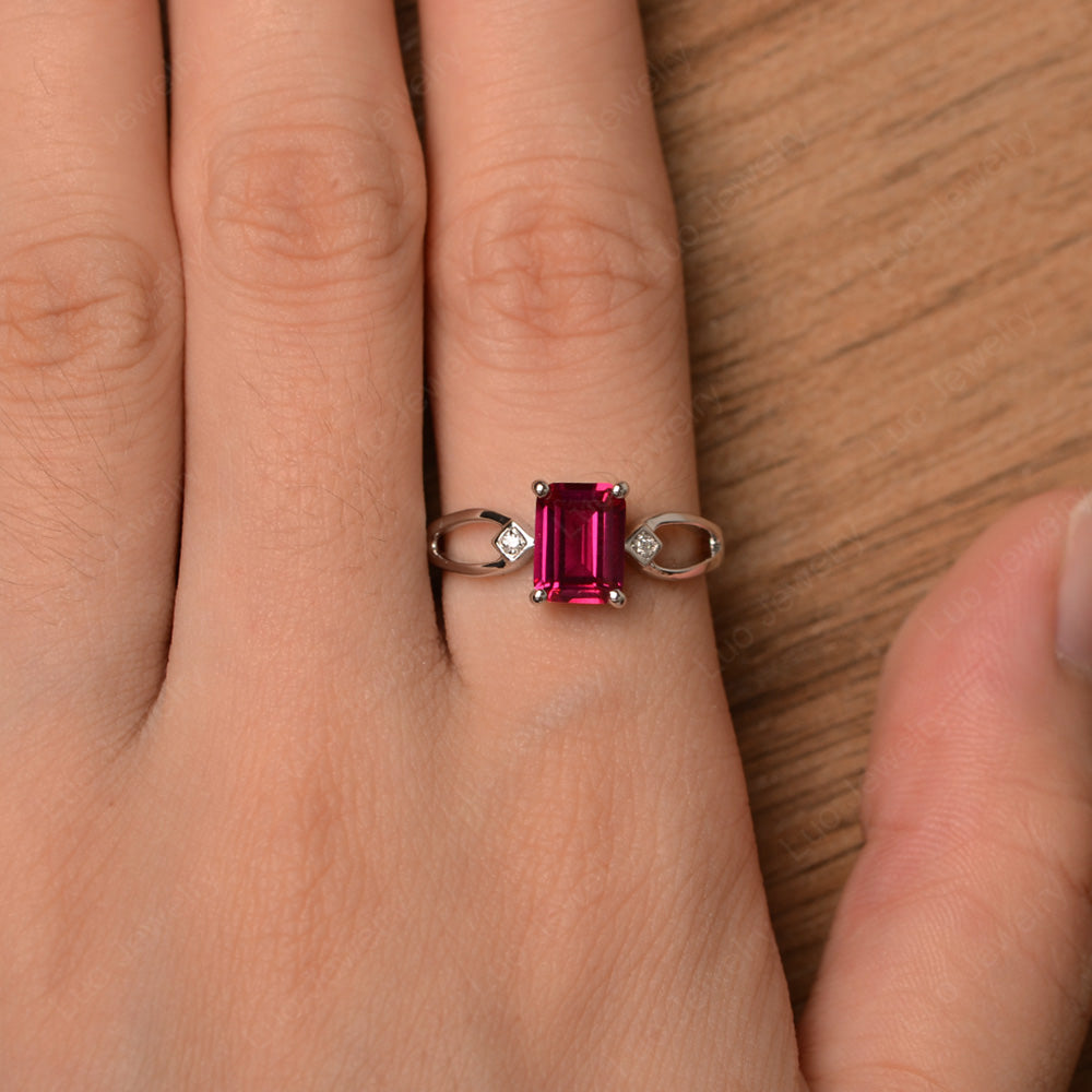 Emerald Cut Ruby Ring Split Shank - LUO Jewelry