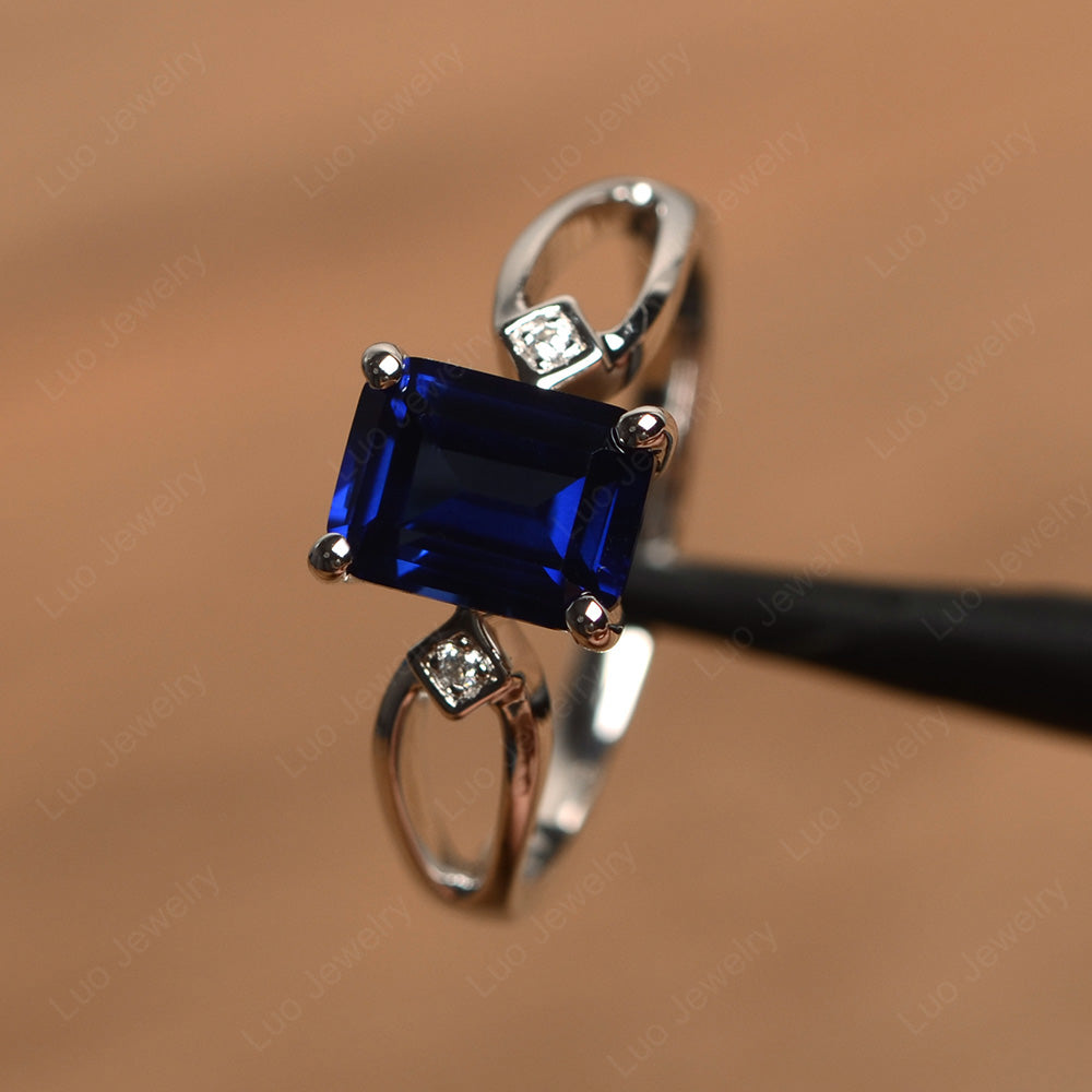 Emerald Cut Lab Sapphire Ring Split Shank - LUO Jewelry