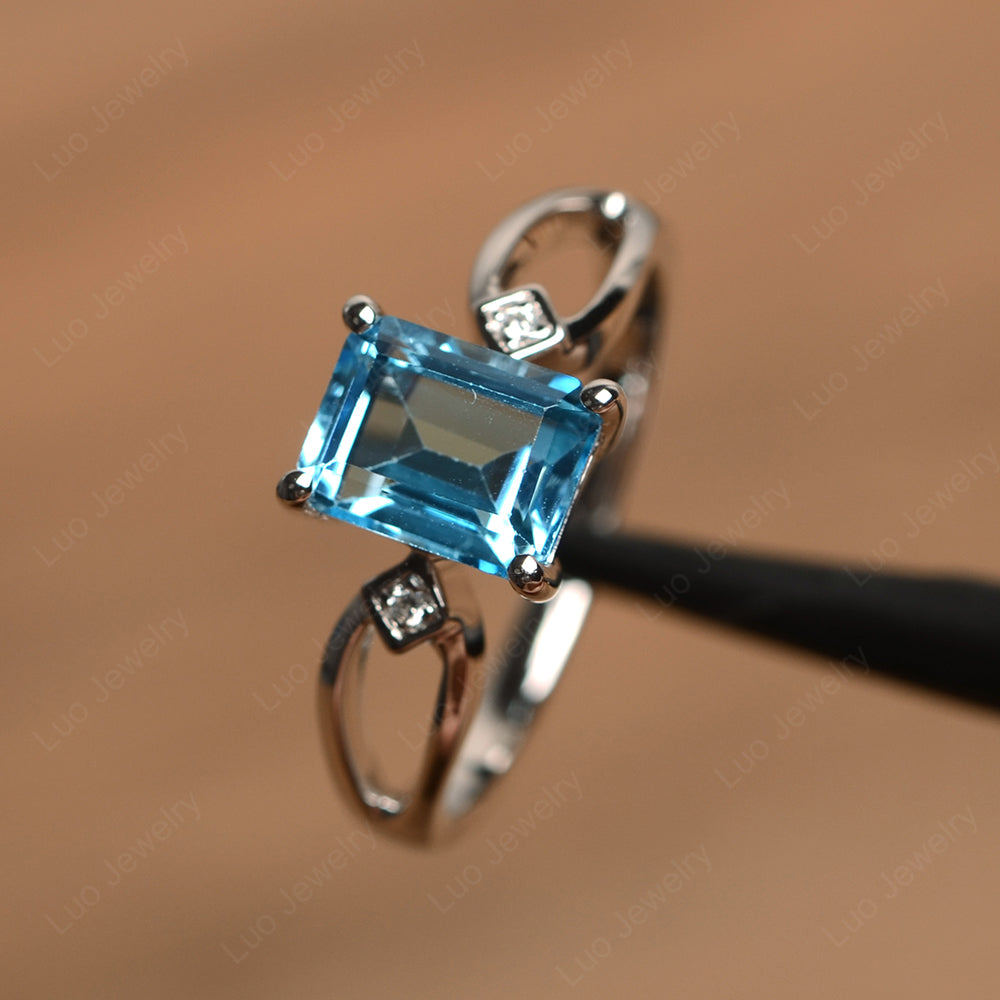 Emerald Cut Swiss Blue Topaz Ring Split Shank - LUO Jewelry