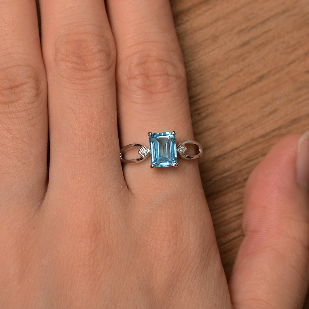 Emerald Cut Swiss Blue Topaz Ring Split Shank - LUO Jewelry