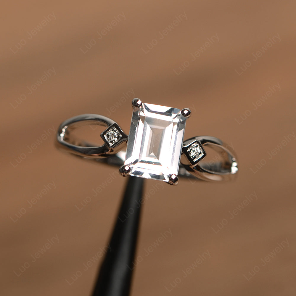 Emerald Cut White Topaz Ring Split Shank - LUO Jewelry