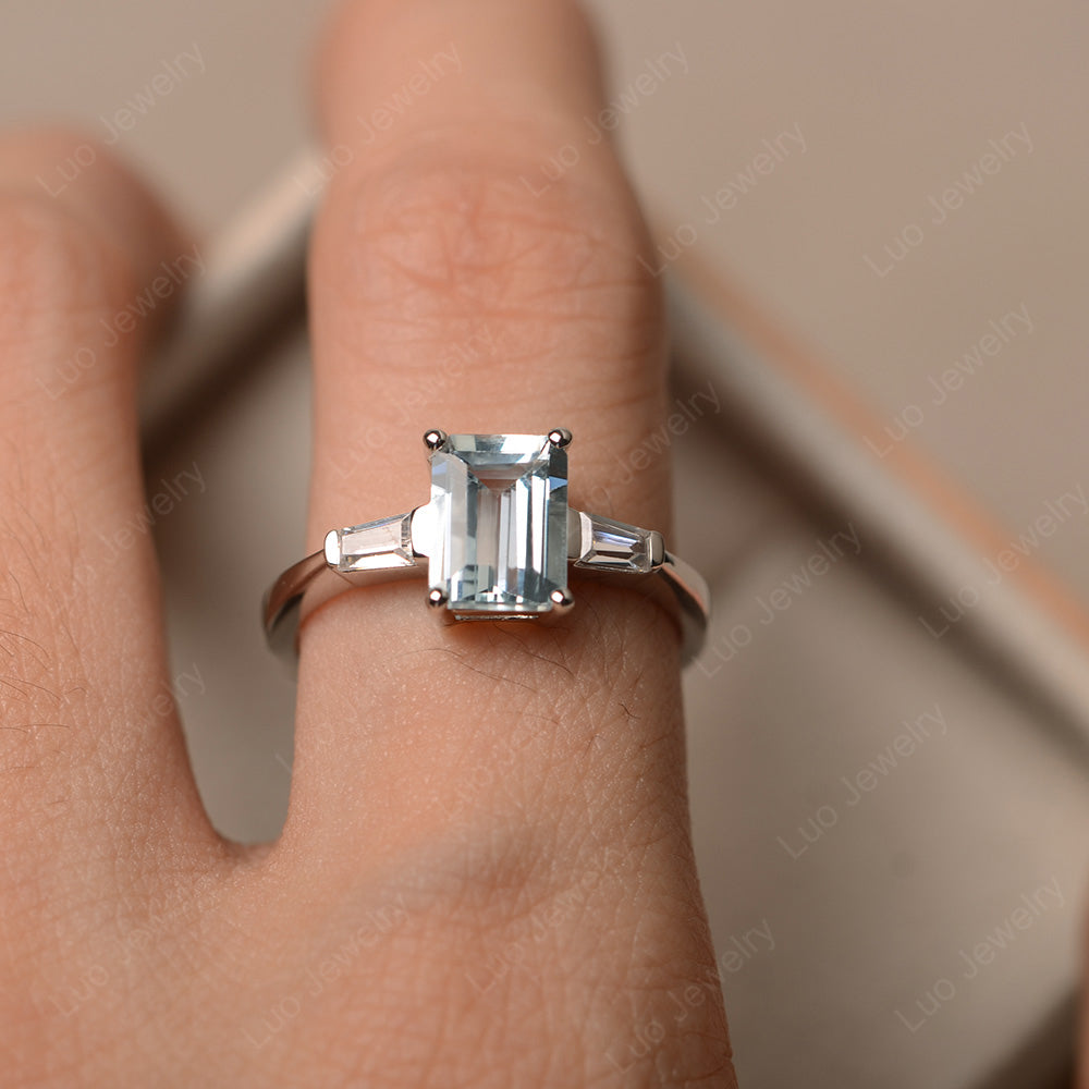Emerald Cut Aquamarine Engagement Ring Silver - LUO Jewelry