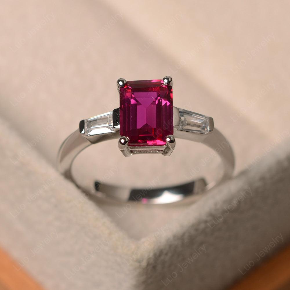 Emerald Cut Ruby Engagement Ring Silver - LUO Jewelry
