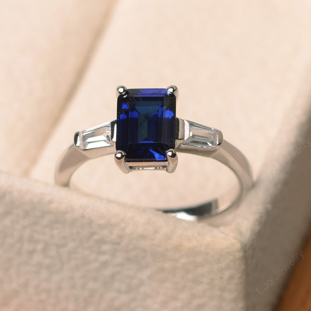 Emerald Cut Lab Sapphire Engagement Ring Silver - LUO Jewelry