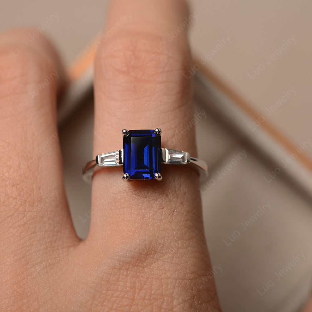 Emerald Cut Lab Sapphire Engagement Ring Silver - LUO Jewelry