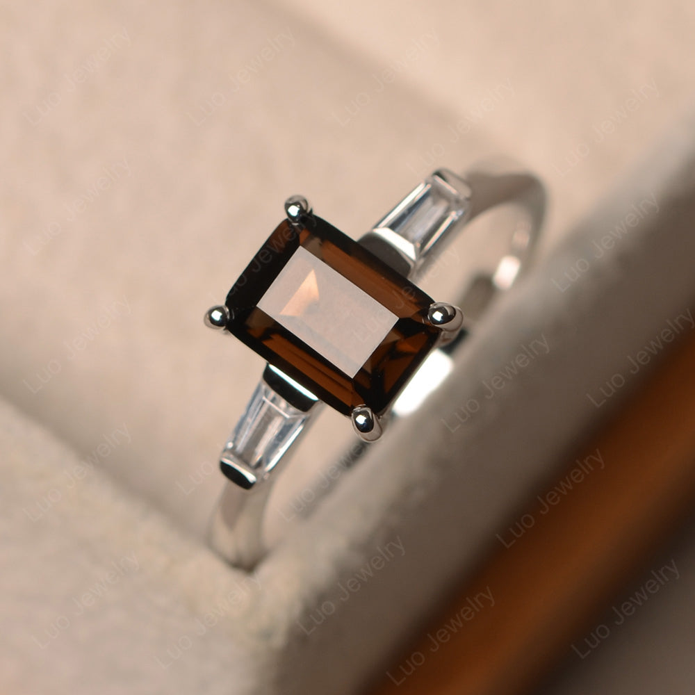 Emerald Cut Smoky Quartz  Engagement Ring Silver - LUO Jewelry