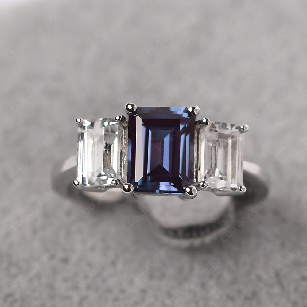 Emerald Cut Alexandrite 3 Stone Mothers Ring - LUO Jewelry