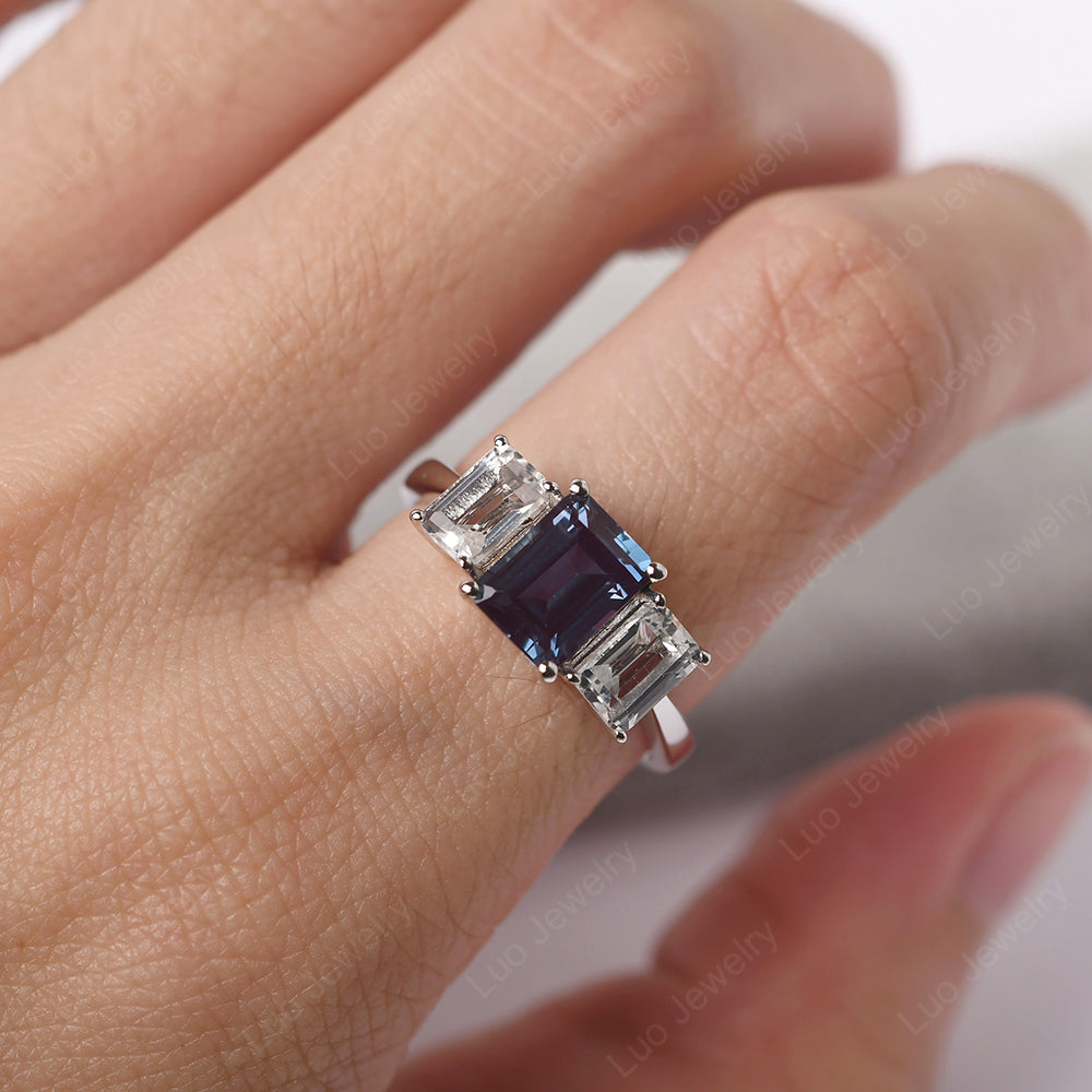 Emerald Cut Alexandrite 3 Stone Mothers Ring - LUO Jewelry