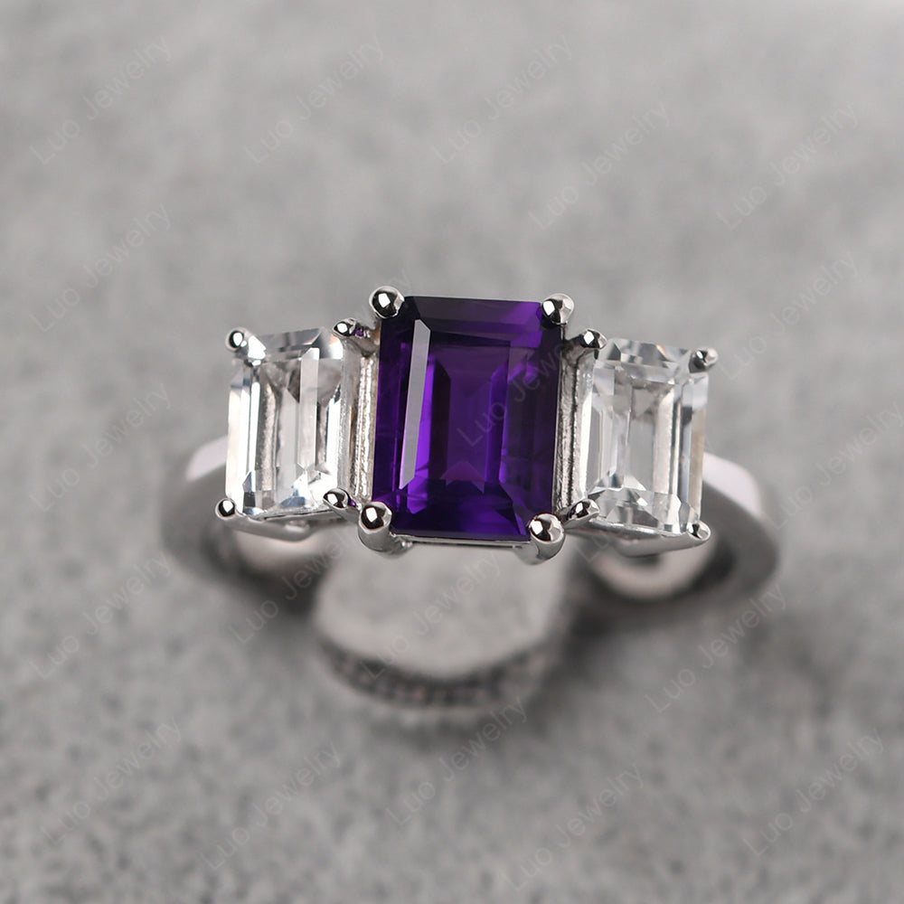 Emerald Cut Amethyst 3 Stone Mothers Ring - LUO Jewelry