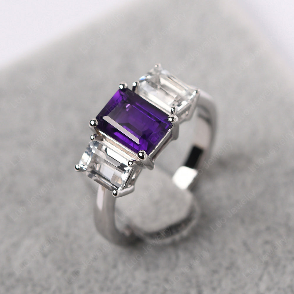 Emerald Cut Amethyst 3 Stone Mothers Ring - LUO Jewelry