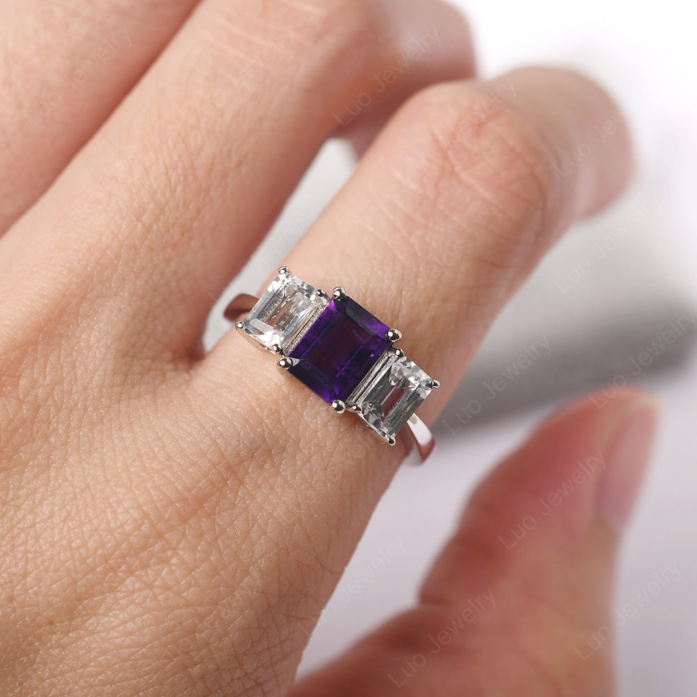 Emerald Cut Amethyst 3 Stone Mothers Ring - LUO Jewelry