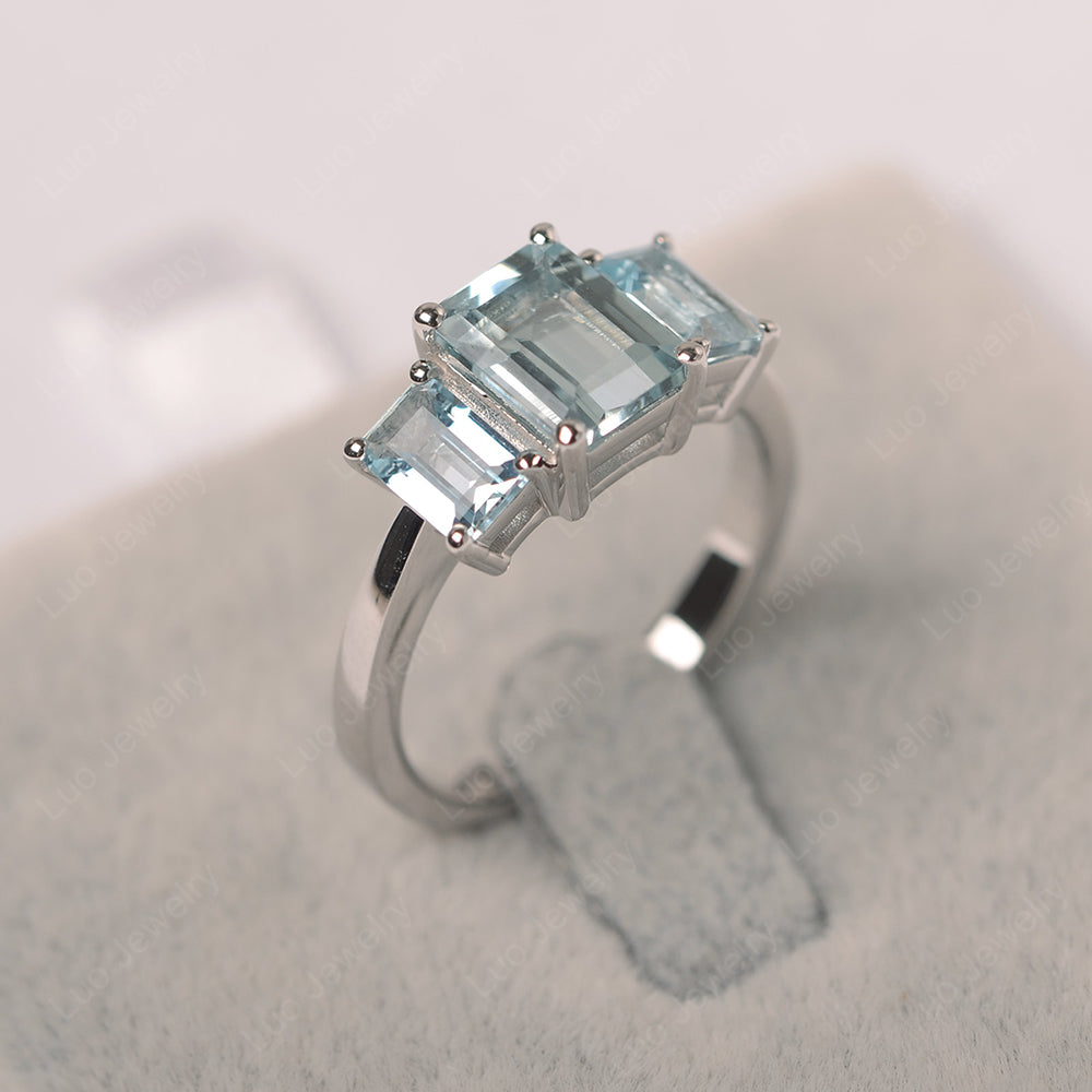 Emerald Cut 3 Stone Aquamarine Ring - LUO Jewelry