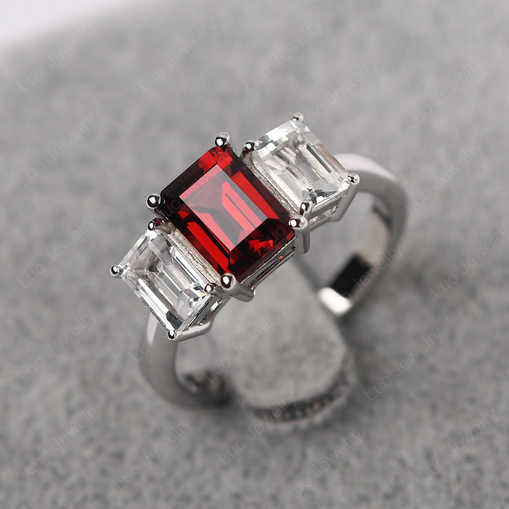 Emerald Cut Garnet 3 Stone Mothers Ring - LUO Jewelry