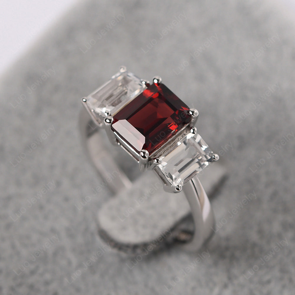 Emerald Cut Garnet 3 Stone Mothers Ring - LUO Jewelry