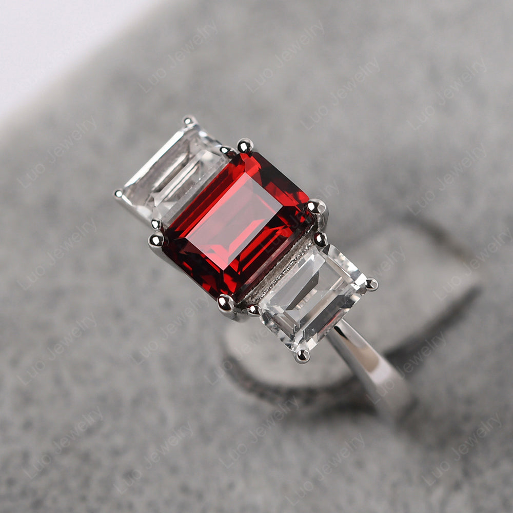 Emerald Cut Garnet 3 Stone Mothers Ring - LUO Jewelry