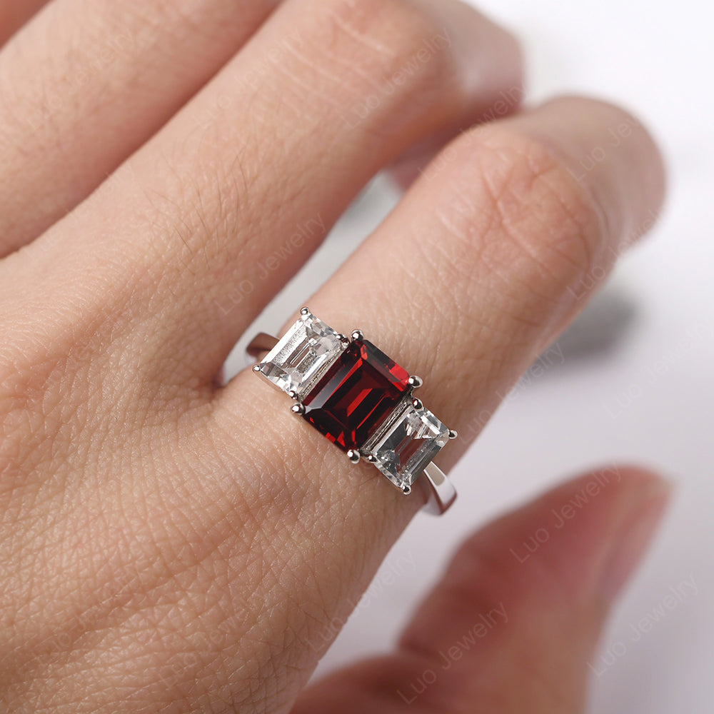 Emerald Cut Garnet 3 Stone Mothers Ring - LUO Jewelry