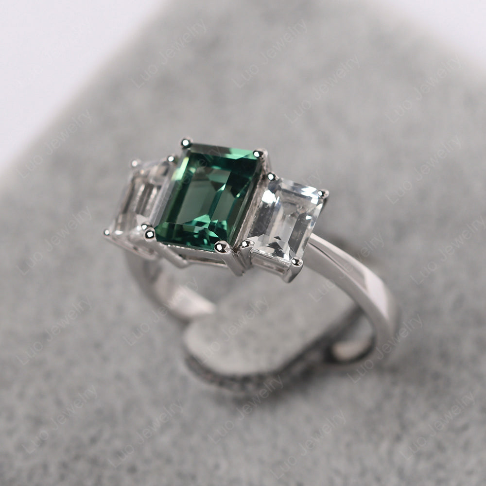 Emerald Cut Green Sapphire 3 Stone Mothers Ring - LUO Jewelry