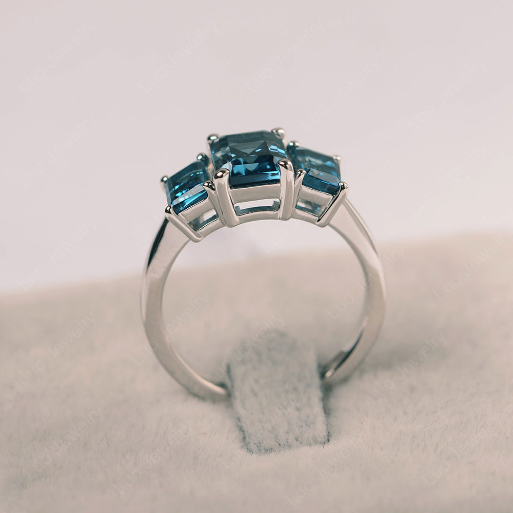 Emerald Cut London Blue Topaz 3 Stone Mothers Ring - LUO Jewelry