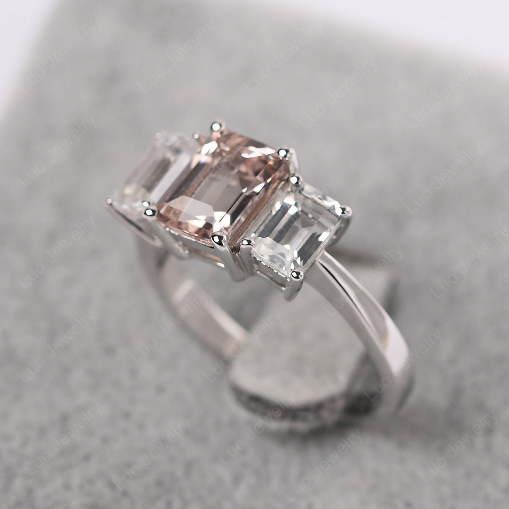 Emerald Cut Morganite 3 Stone Mothers Ring - LUO Jewelry