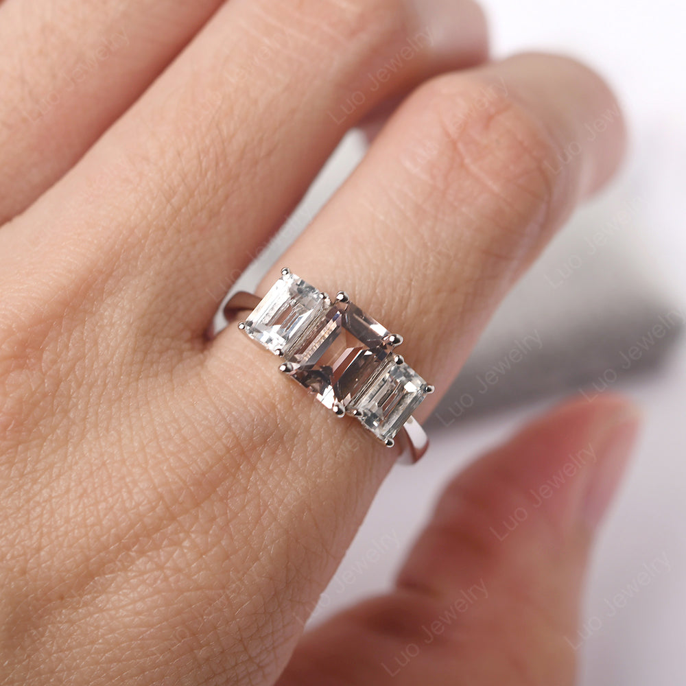 Emerald Cut Morganite 3 Stone Mothers Ring - LUO Jewelry