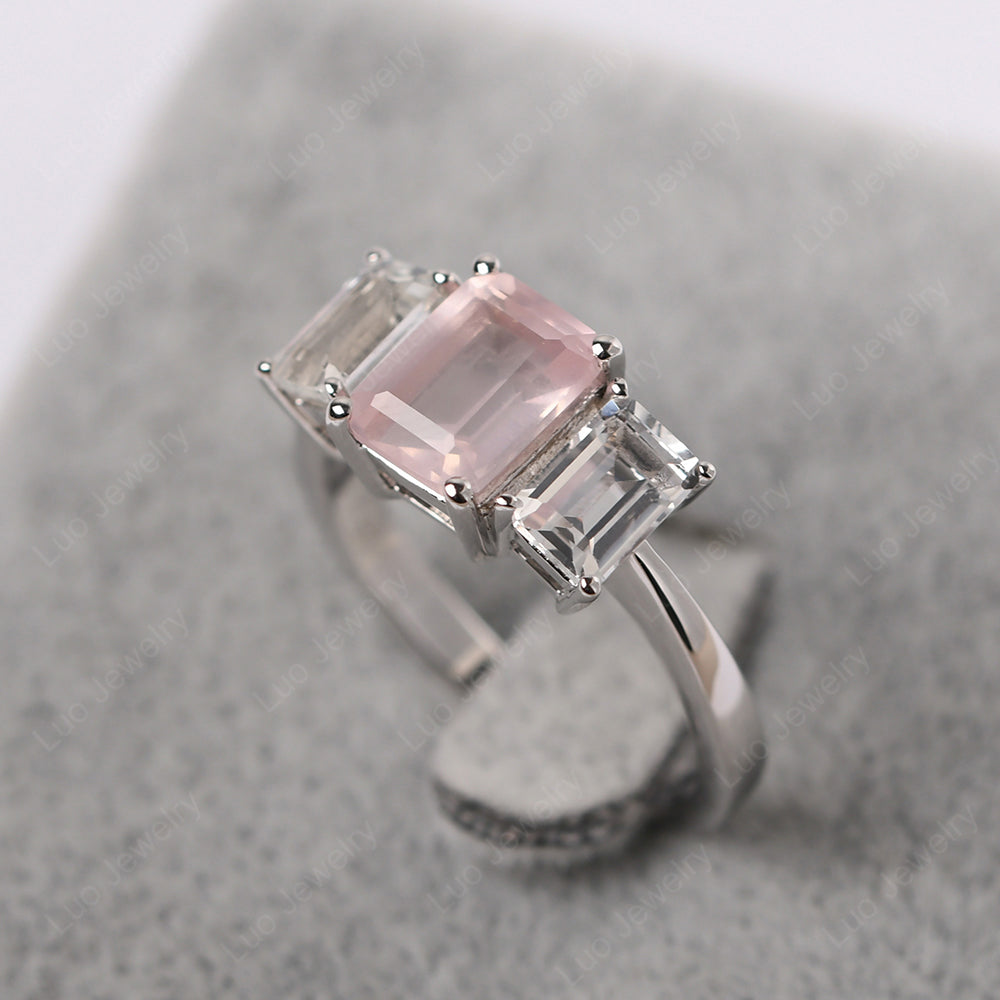 Emerald Cut Rose Quartz 3 Stone Mothers Ring - LUO Jewelry