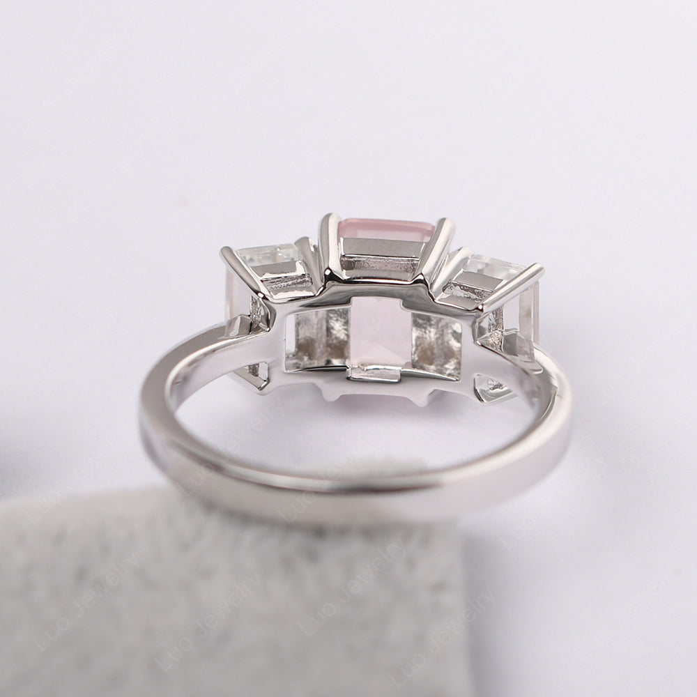 Emerald Cut Rose Quartz 3 Stone Mothers Ring - LUO Jewelry