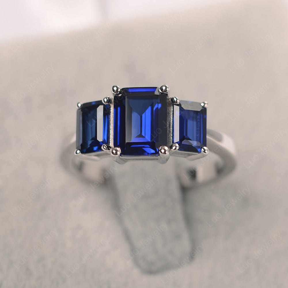 Emerald Cut Lab Sapphire 3 Stone Mothers Ring - LUO Jewelry