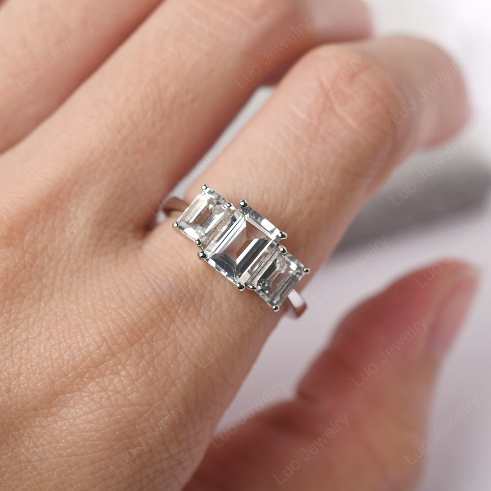 Emerald Cut White Topaz 3 Stone Mothers Ring - LUO Jewelry