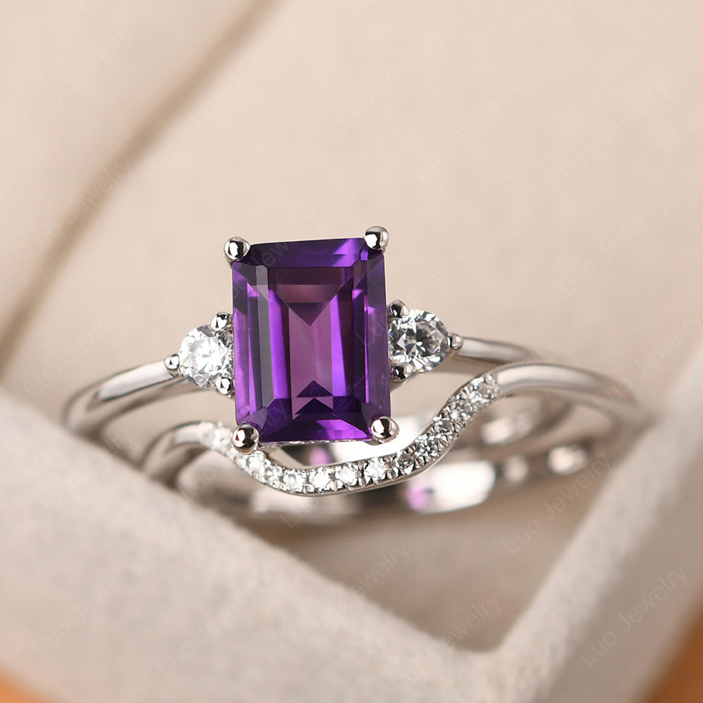 Amethyst Engagement Ring With Curved Wedding Band - LUO Jewelry