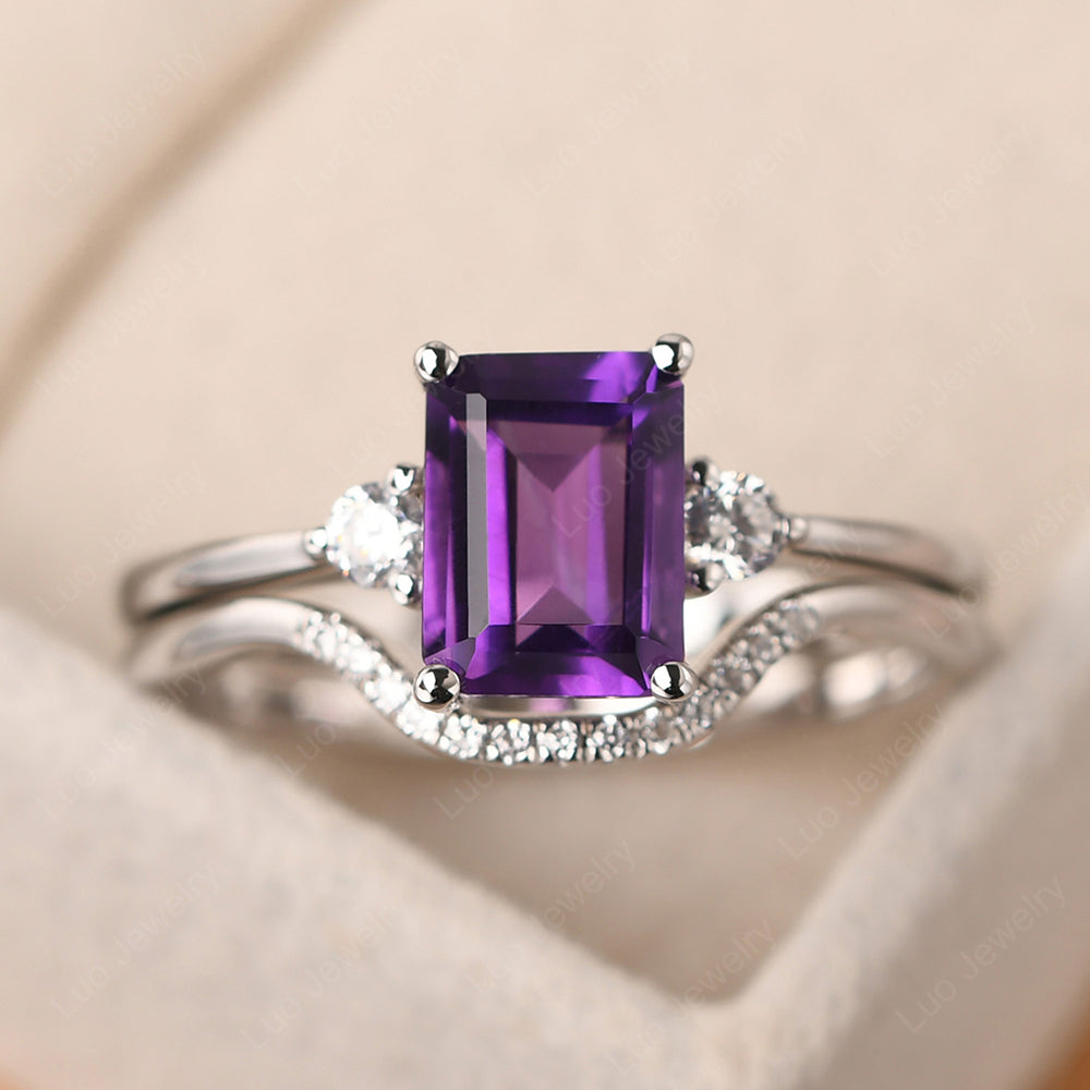 Amethyst Engagement Ring With Curved Wedding Band - LUO Jewelry