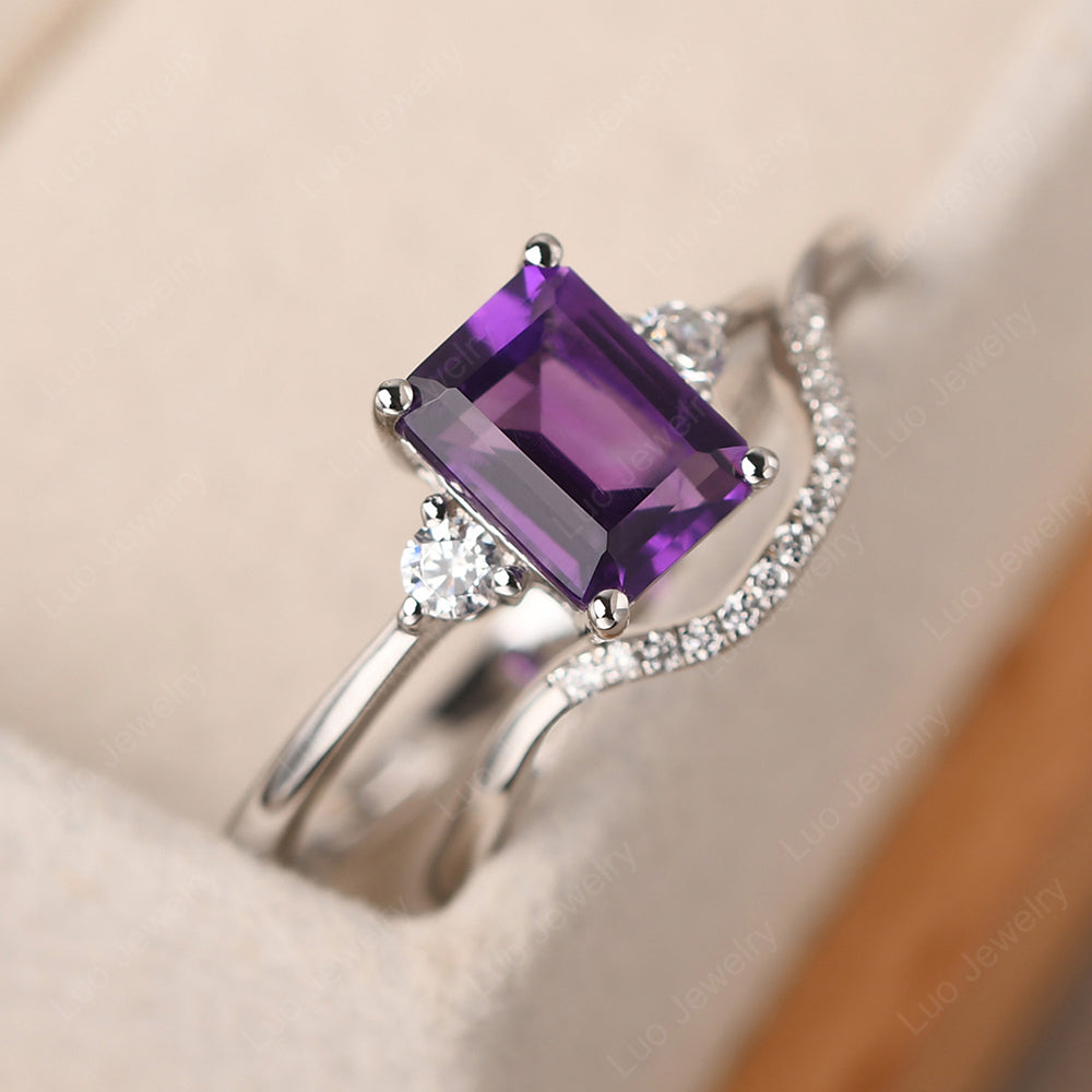 Amethyst Engagement Ring With Curved Wedding Band - LUO Jewelry