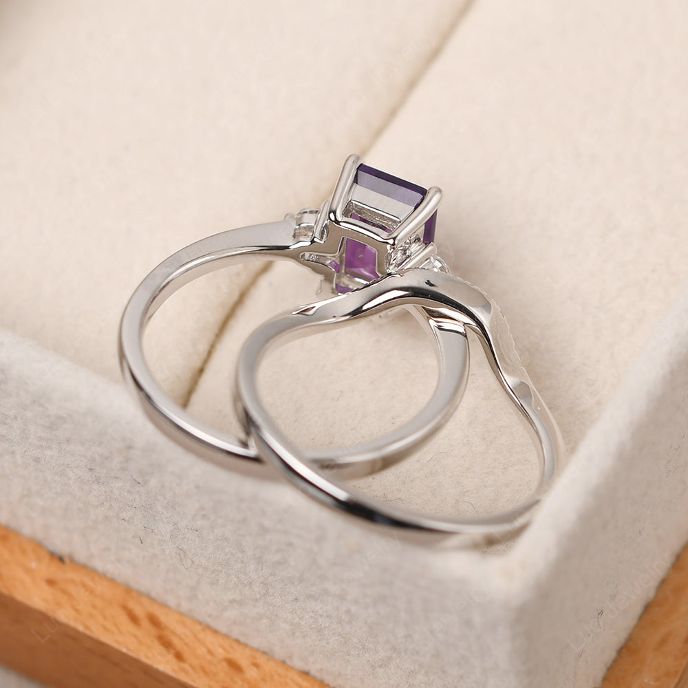 Amethyst Engagement Ring With Curved Wedding Band - LUO Jewelry