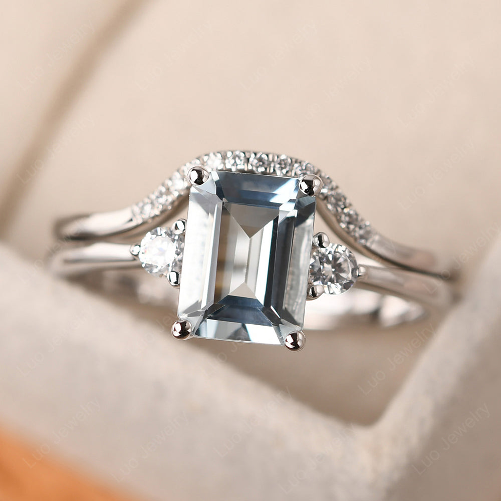 Aquamarine Engagement Ring With Curved Wedding Band - LUO Jewelry