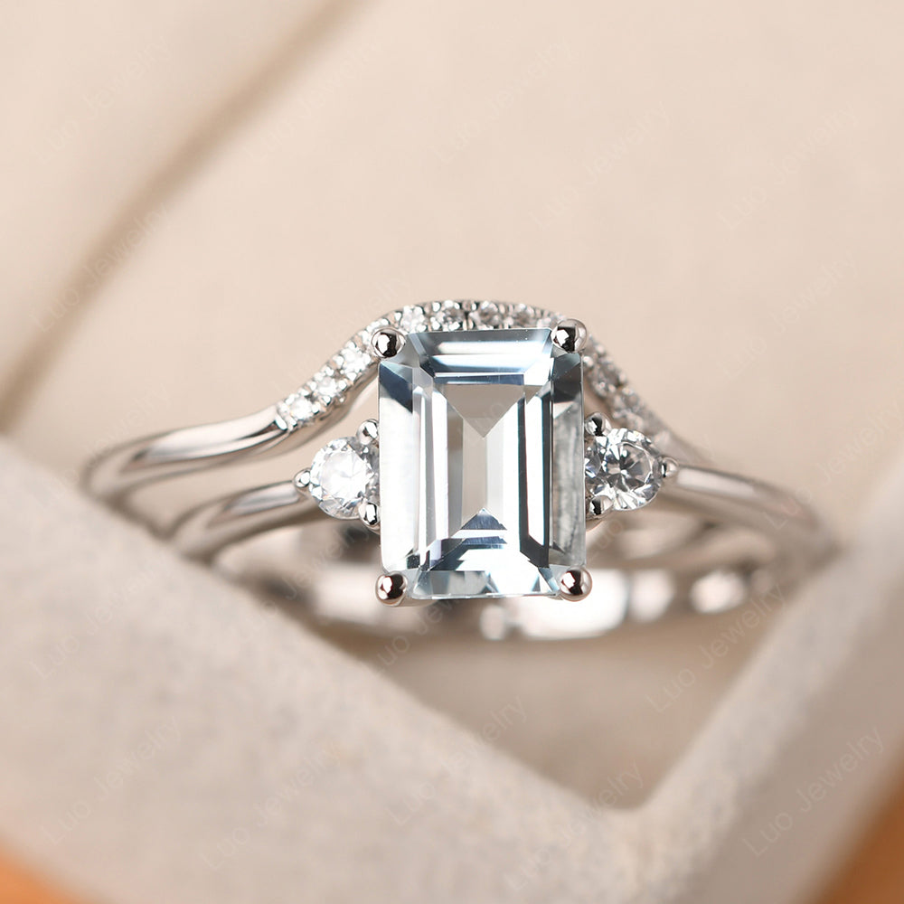 Aquamarine Engagement Ring With Curved Wedding Band - LUO Jewelry