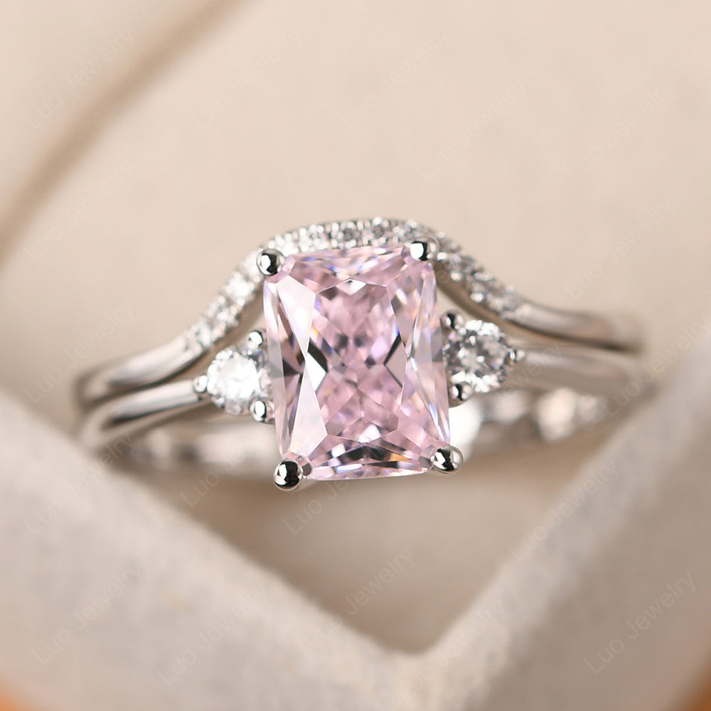 Pink Cubic Zirconia Engagement Ring With Curved Wedding Band - LUO Jewelry