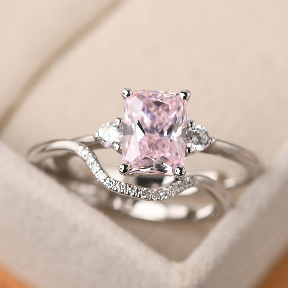 Pink Cubic Zirconia Engagement Ring With Curved Wedding Band - LUO Jewelry