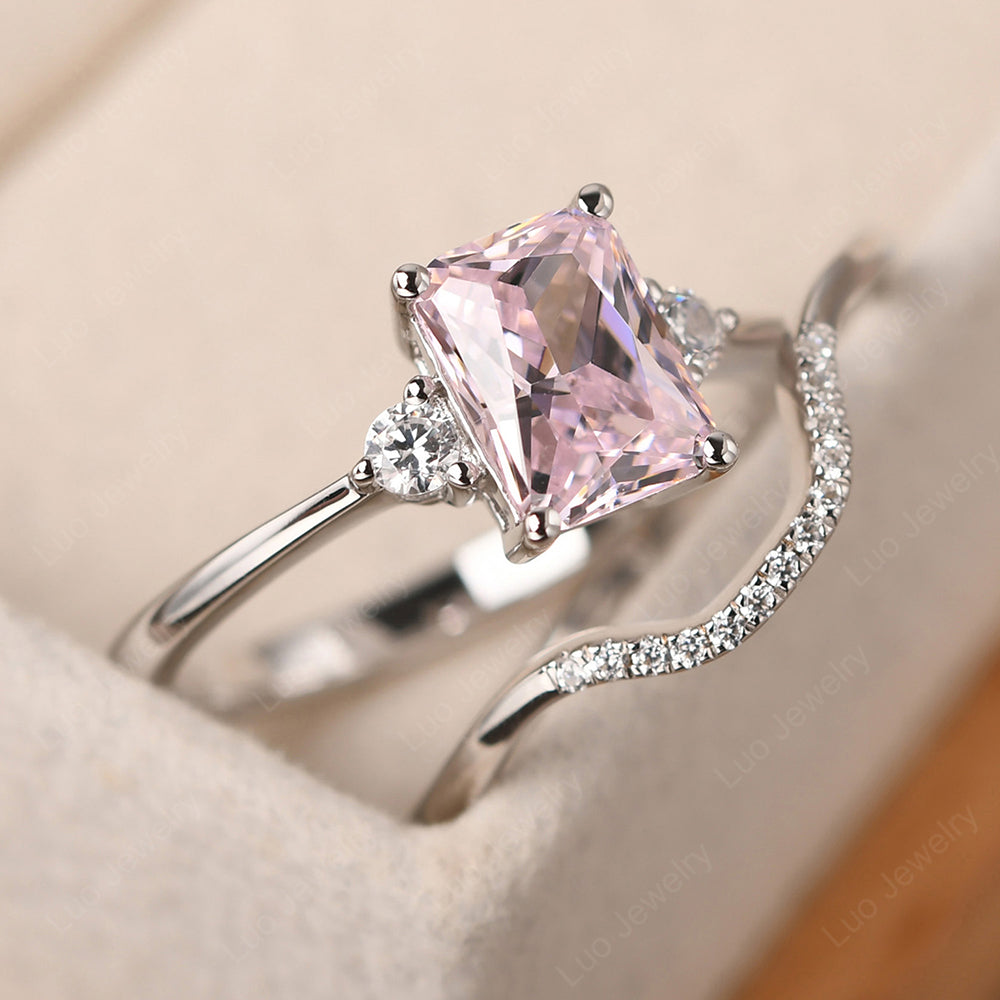 Pink Cubic Zirconia Engagement Ring With Curved Wedding Band - LUO Jewelry