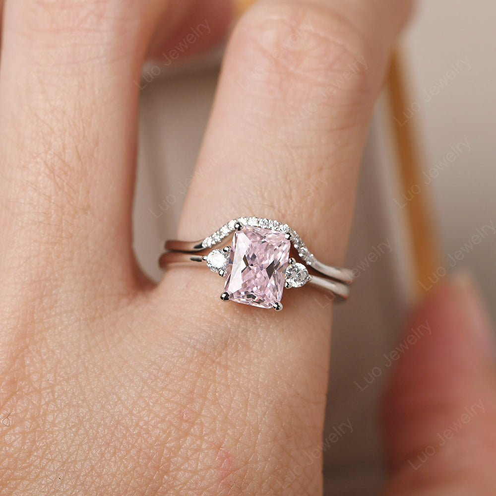 Pink Cubic Zirconia Engagement Ring With Curved Wedding Band - LUO Jewelry