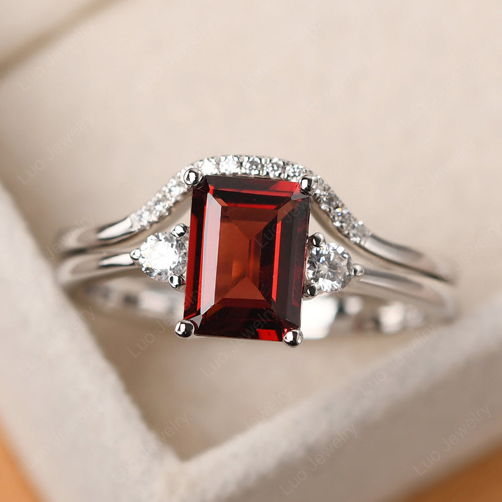 Garnet Engagement Ring With Curved Wedding Band - LUO Jewelry