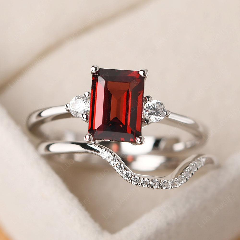 Garnet Engagement Ring With Curved Wedding Band - LUO Jewelry