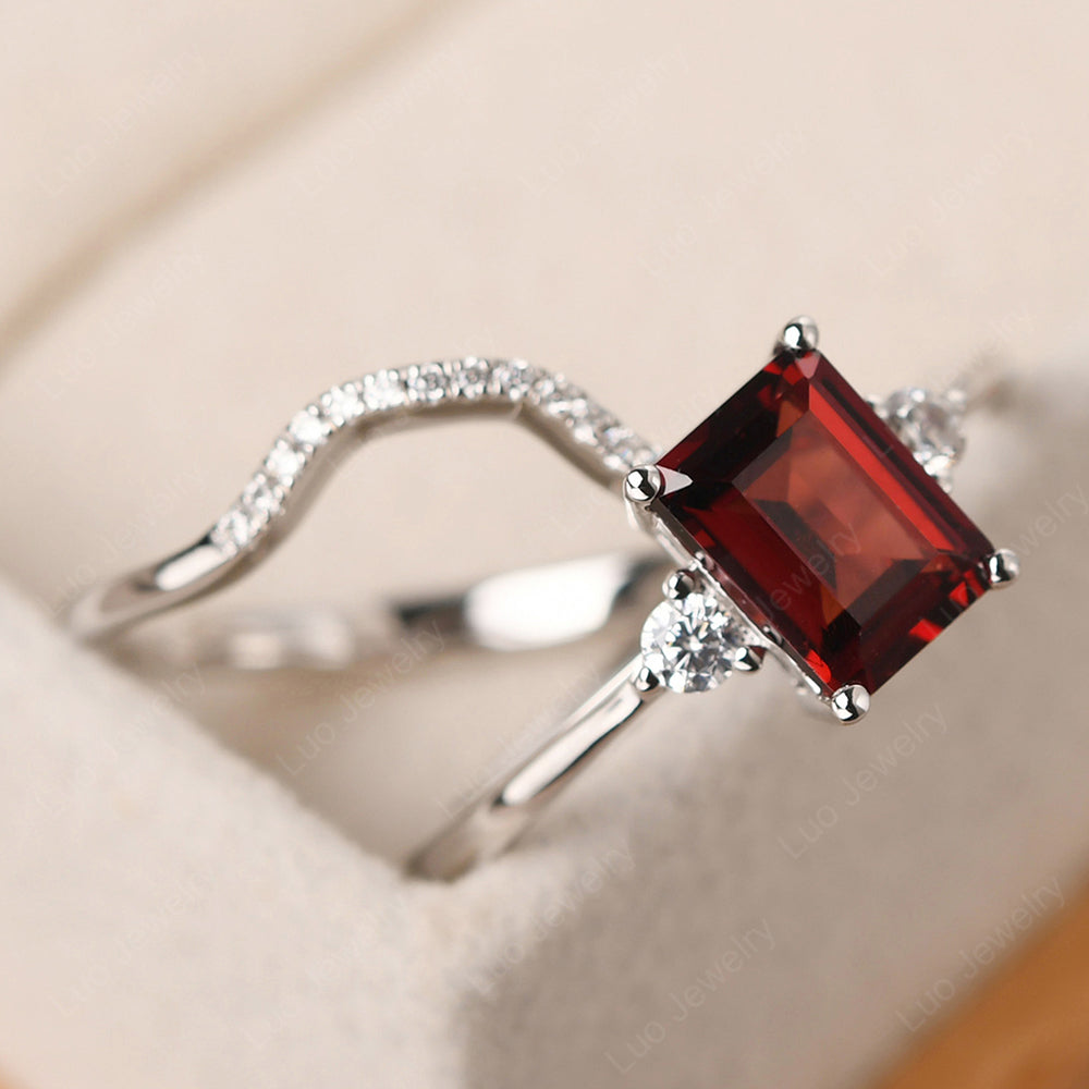 Garnet Engagement Ring With Curved Wedding Band - LUO Jewelry